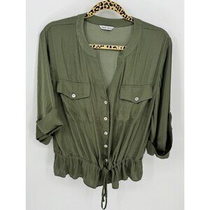 Naked Zebra Olive Green Button-Up Drawstring Waist Blouse With Pockets & 3/4 Sle